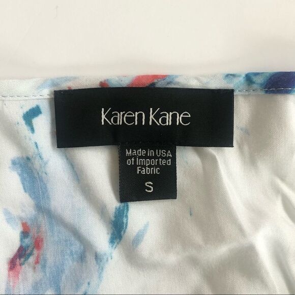 Karen Kane Ruffle Blouse Abstract Long Sleeve Top White Blue Made in USA Small - Picture 7 of 10